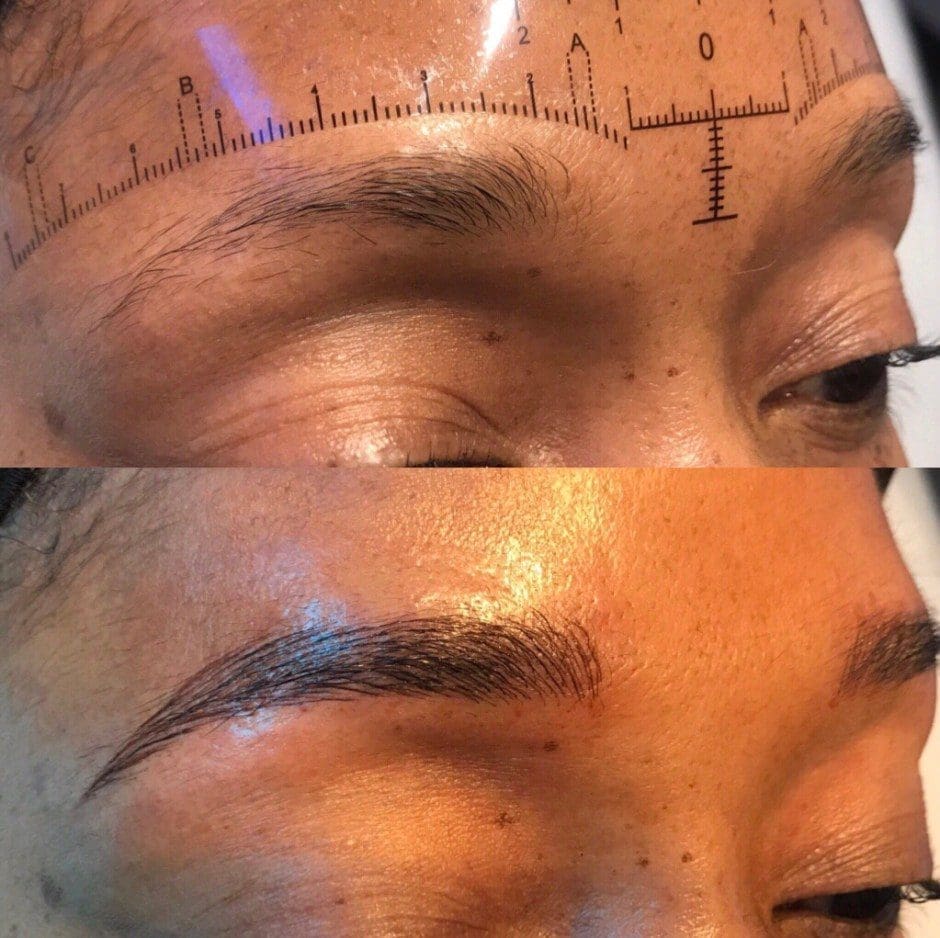 Before and after microblading showing fuller, naturally shaped brows in Louisville
