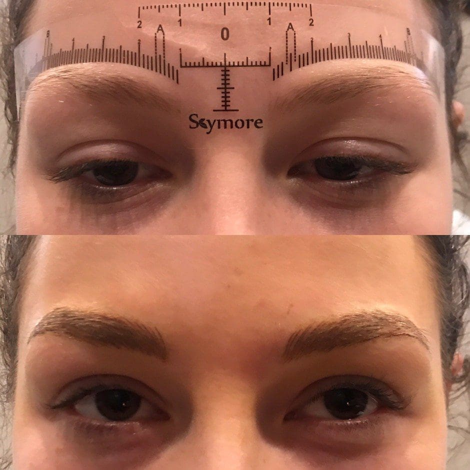 Before and after microblading showing fuller, naturally shaped brows in Louisville