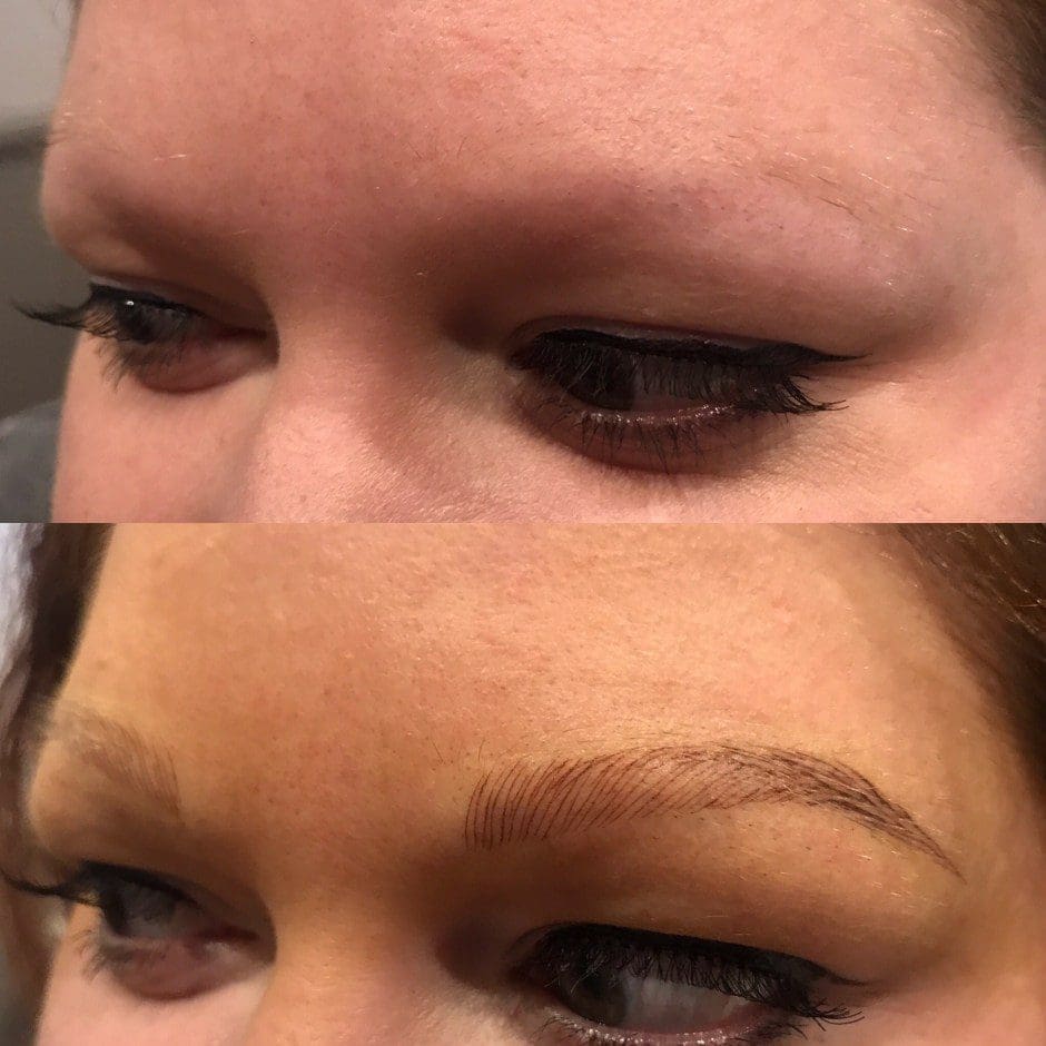 Before and after microblading showing fuller, naturally shaped brows in Louisville