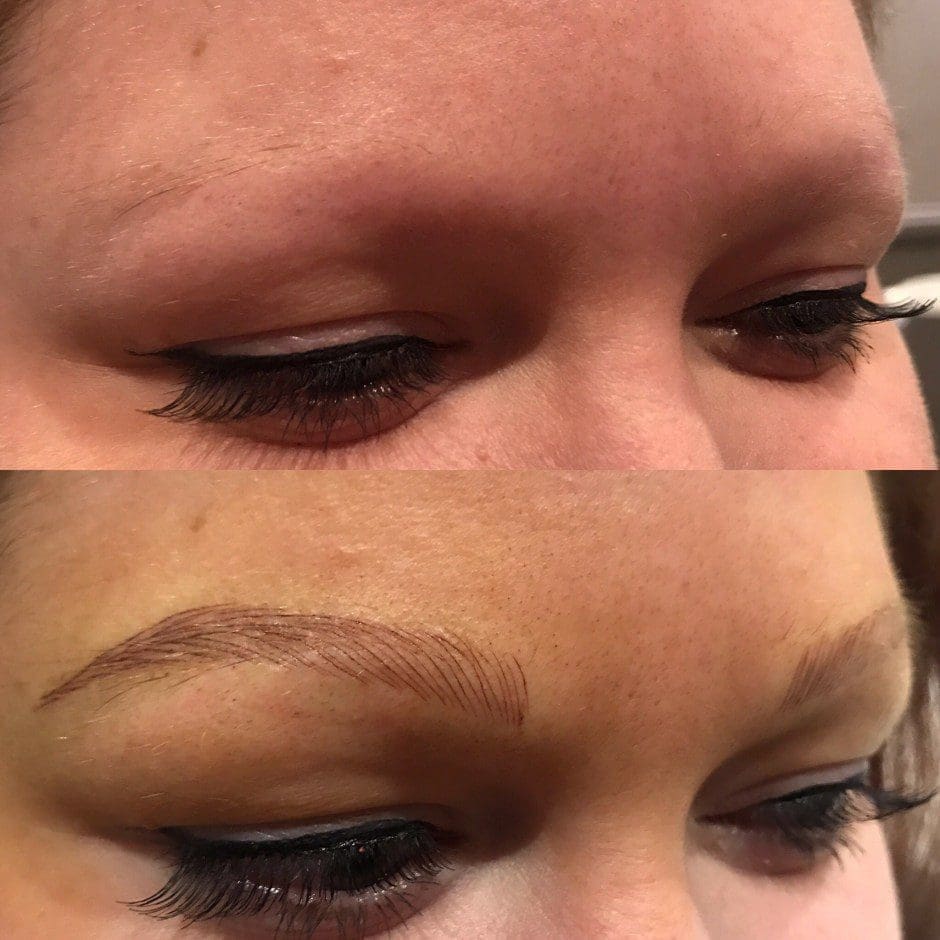 Before and after microblading showing fuller, naturally shaped brows in Louisville