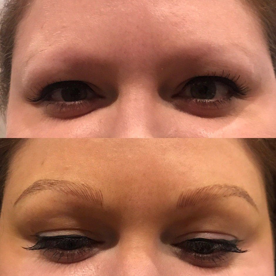 Before and after microblading showing fuller, naturally shaped brows in Louisville