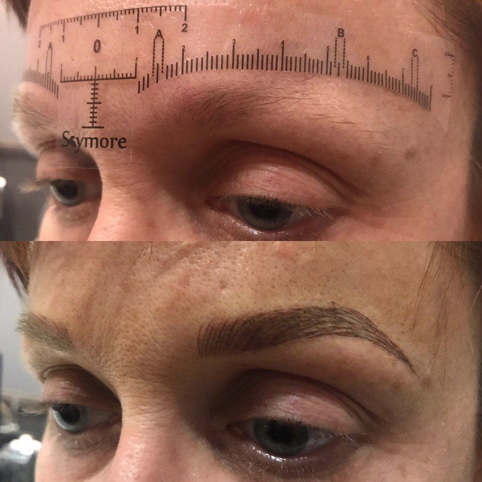 Before and after microblading showing fuller, naturally shaped brows in Louisville