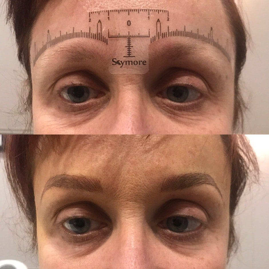 Before and after microblading showing fuller, naturally shaped brows in Louisville