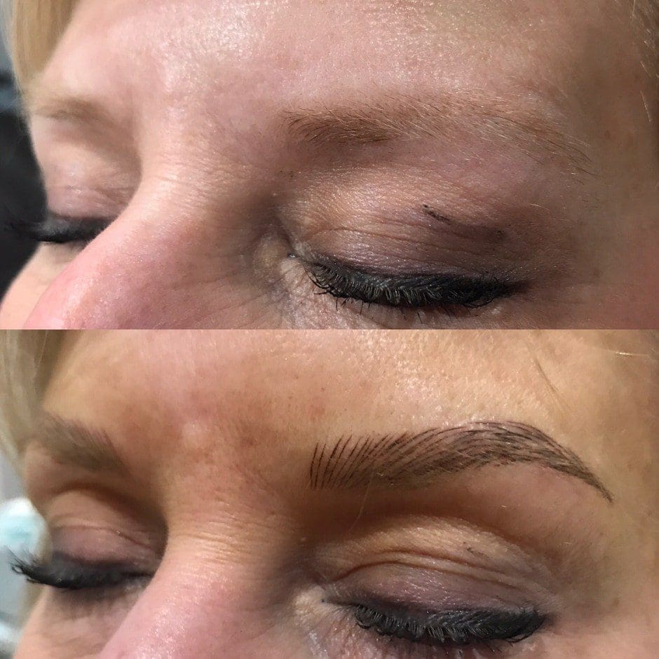 Before and after microblading showing fuller, naturally shaped brows in Louisville