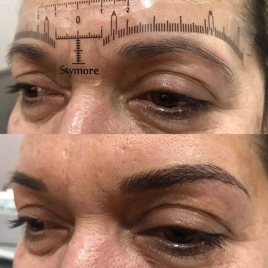 Before and after microblading showing fuller, naturally shaped brows in Louisville