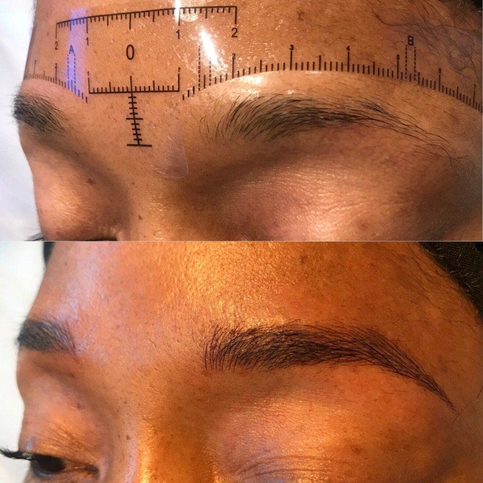 Before and after microblading showing fuller, naturally shaped brows in Louisville