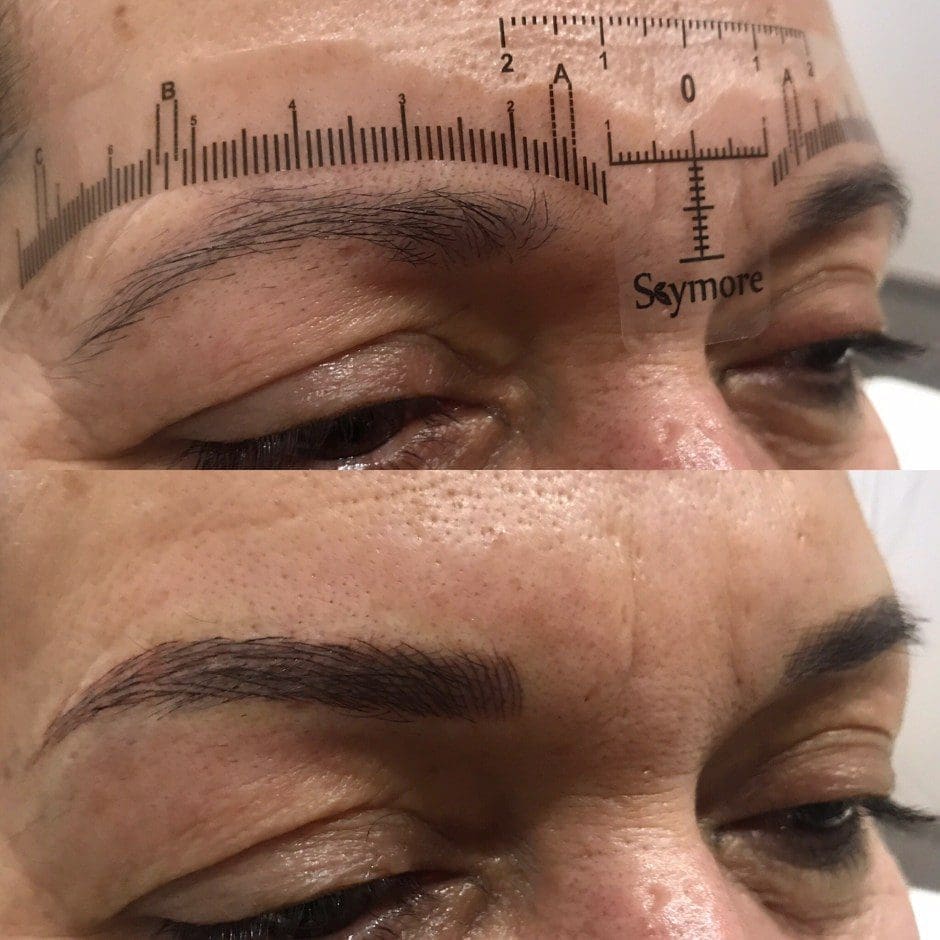 Before and after microblading showing fuller, naturally shaped brows in Louisville