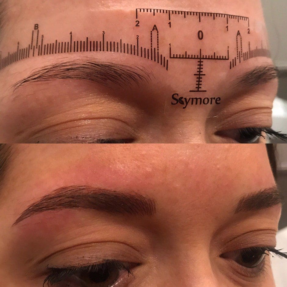 Before and after microblading showing fuller, naturally shaped brows in Louisville