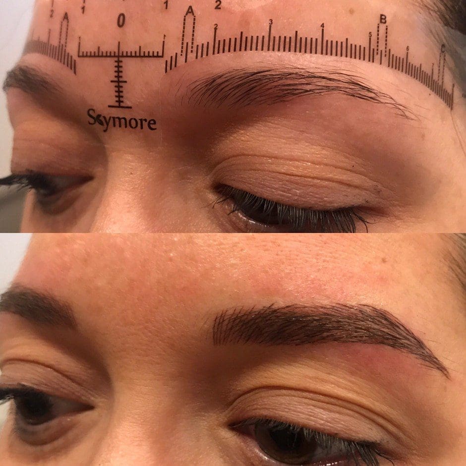 Before and after microblading showing fuller, naturally shaped brows in Louisville