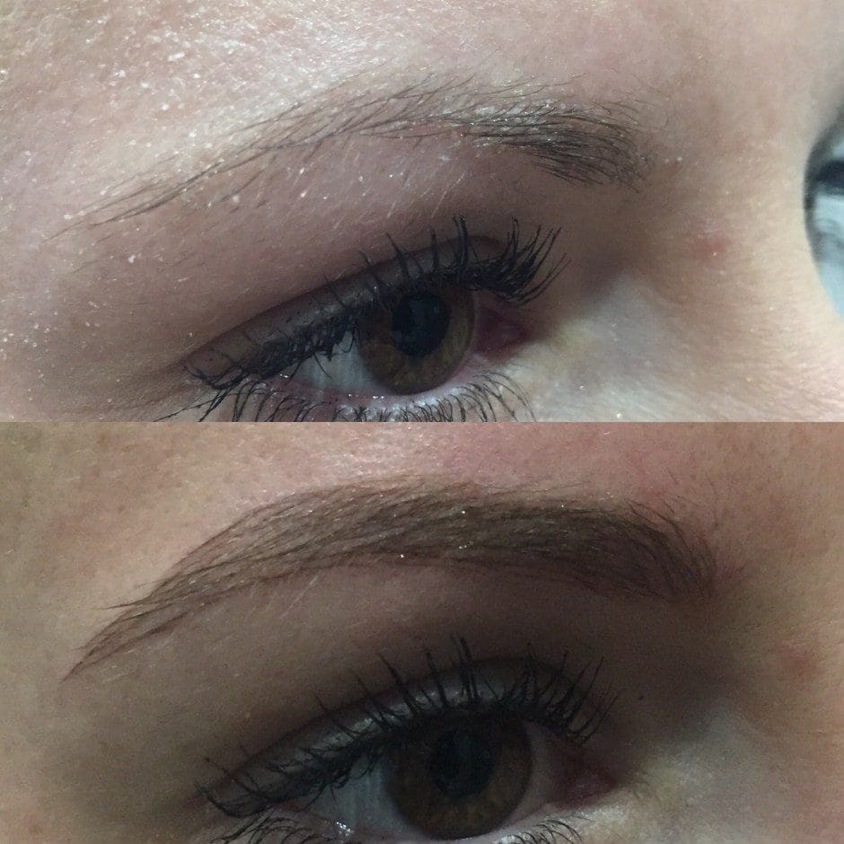 Before and after microblading showing fuller, naturally shaped brows in Louisville