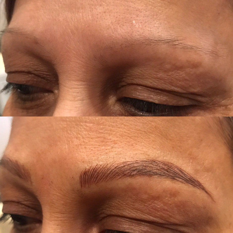 Before and after microblading showing fuller, naturally shaped brows in Louisville