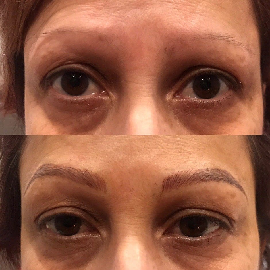 Before and after microblading showing fuller, naturally shaped brows in Louisville