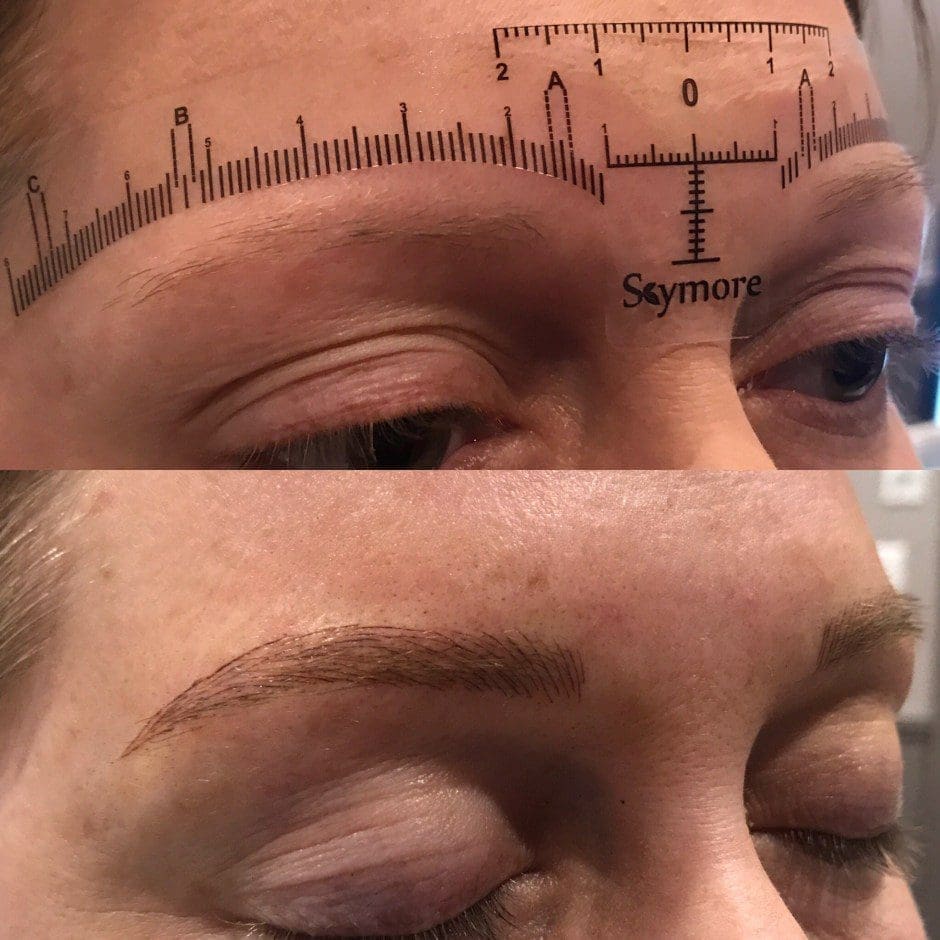 Before and after microblading showing fuller, naturally shaped brows in Louisville
