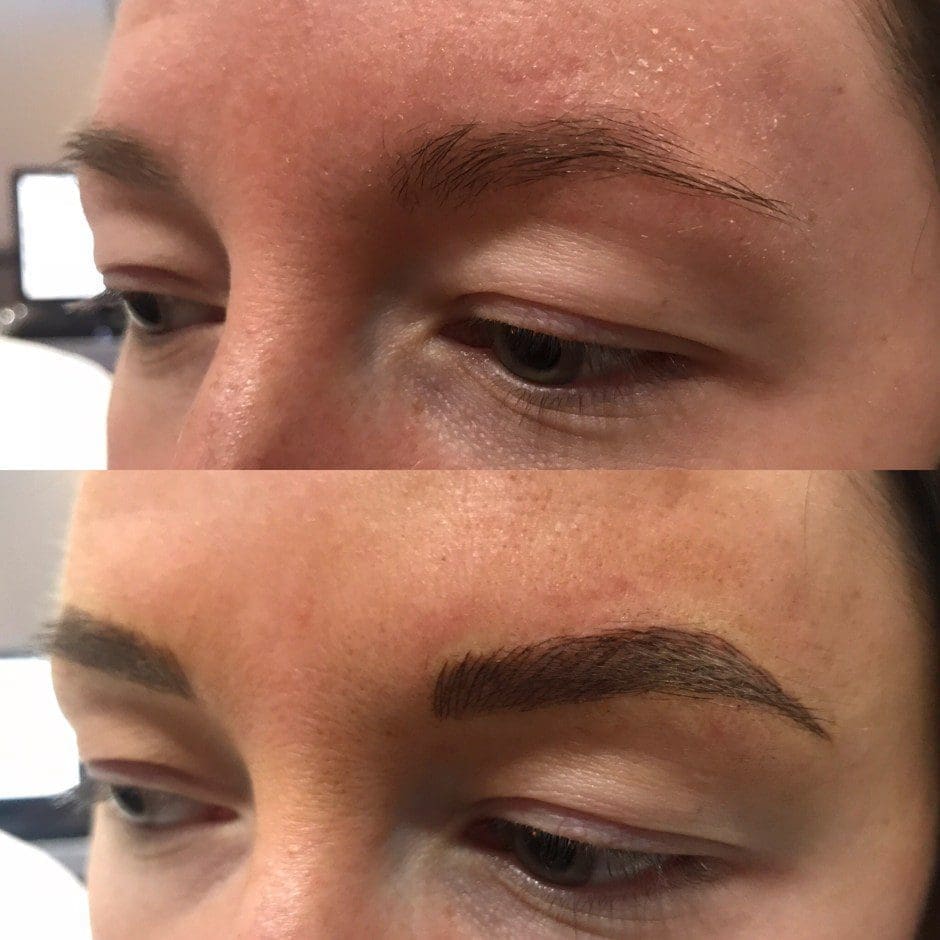 Before and after microblading showing fuller, naturally shaped brows in Louisville