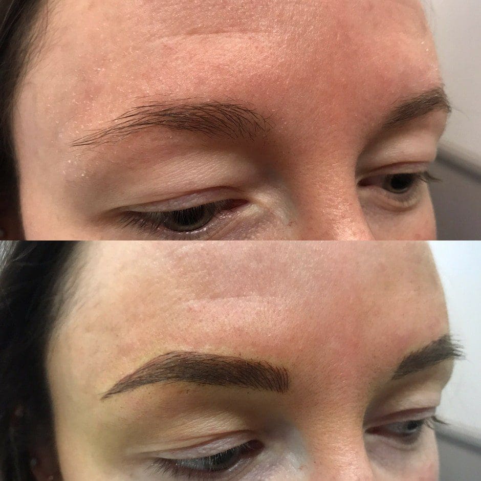 Before and after microblading showing fuller, naturally shaped brows in Louisville