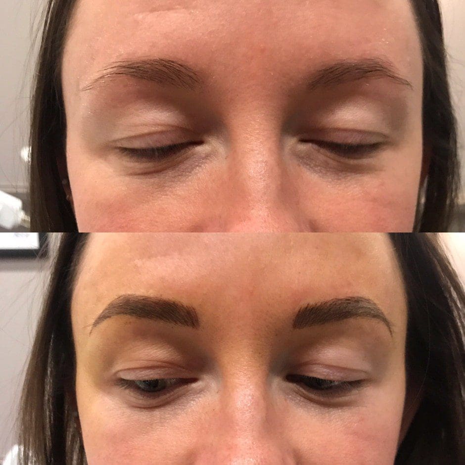 Before and after microblading showing fuller, naturally shaped brows in Louisville