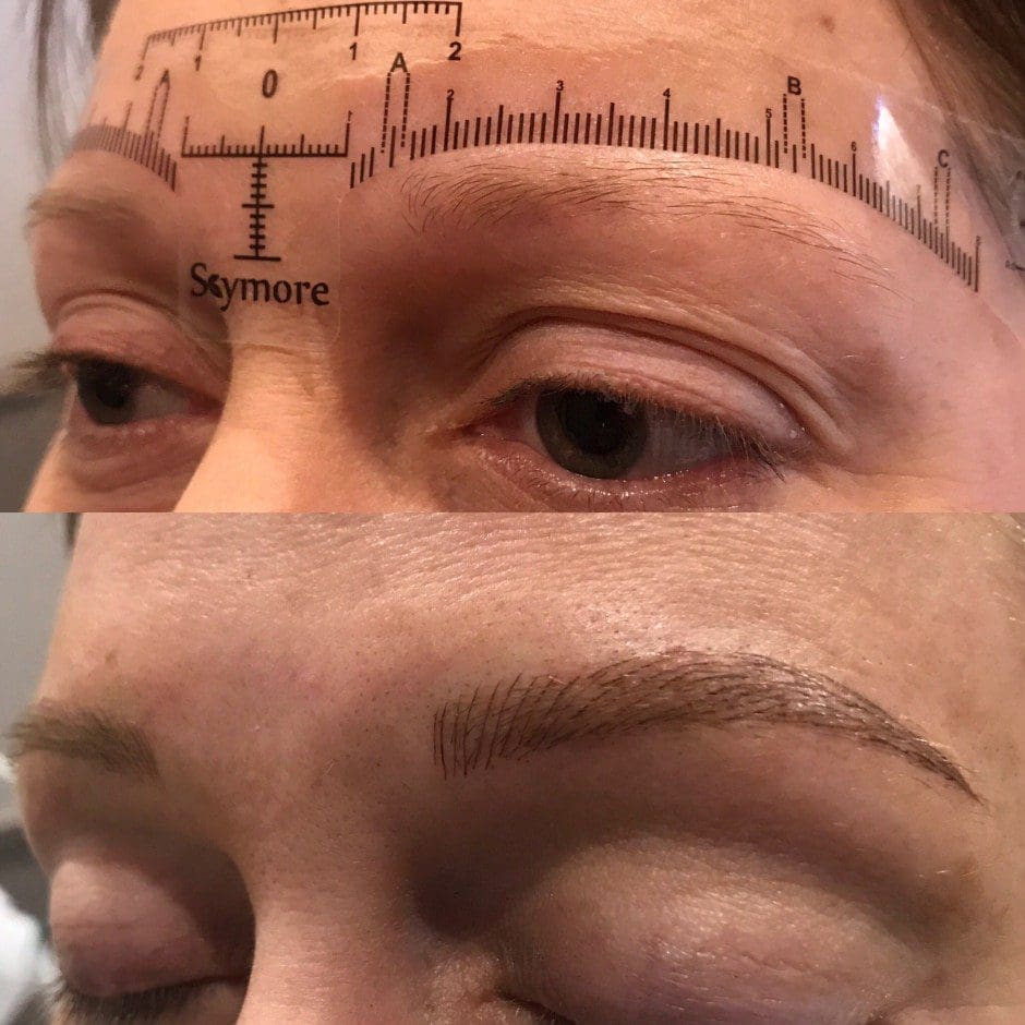 Before and after microblading showing fuller, naturally shaped brows in Louisville