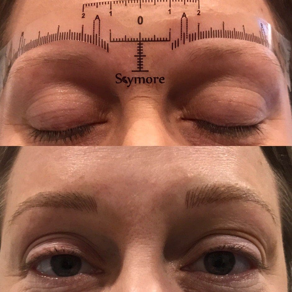 Before and after microblading showing fuller, naturally shaped brows in Louisville