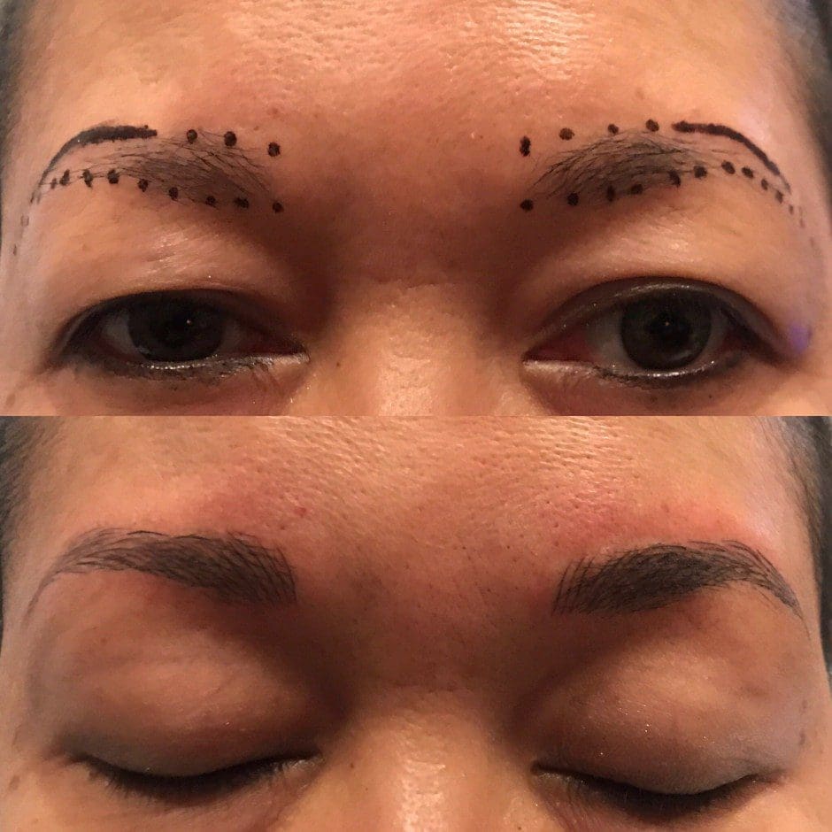 Before and after microblading showing fuller, naturally shaped brows in Louisville