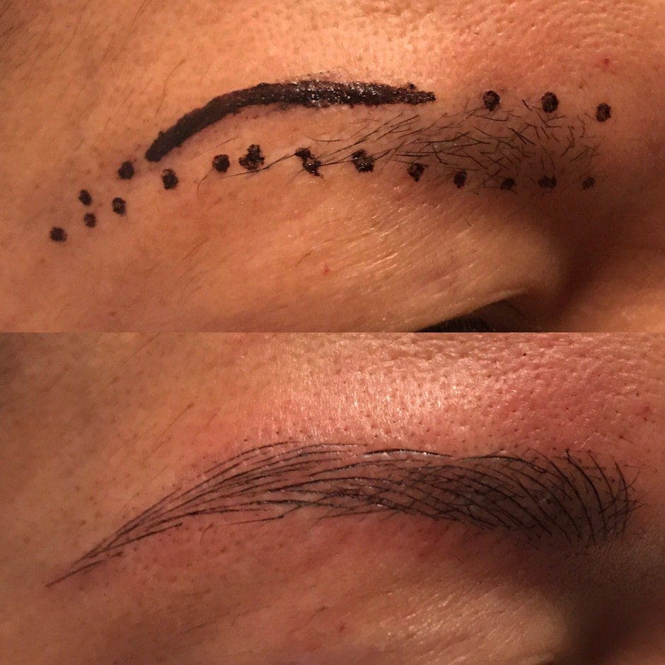 Before and after microblading showing fuller, naturally shaped brows in Louisville